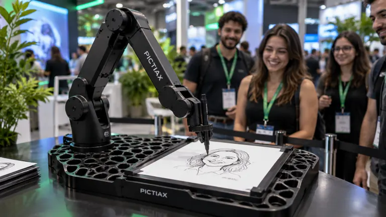 O robô de caricaturas PictiaX® desenhando em um stand de feira no Brasil