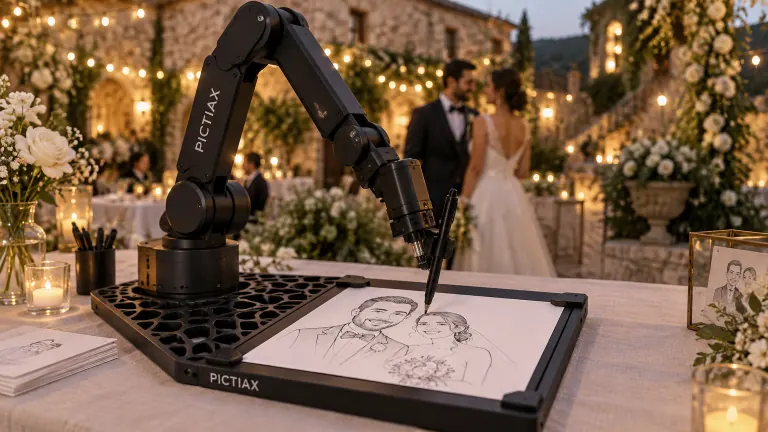 O robô de caricaturas PictiaX® a desenhar o retrato de um par de noivos num casamento