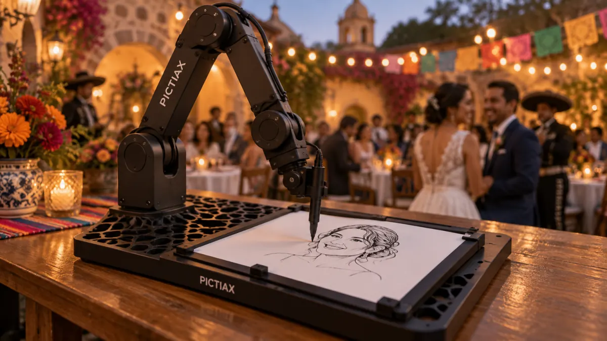 El robot de caricaturas PictiaX® dibujando un retrato en una boda en México