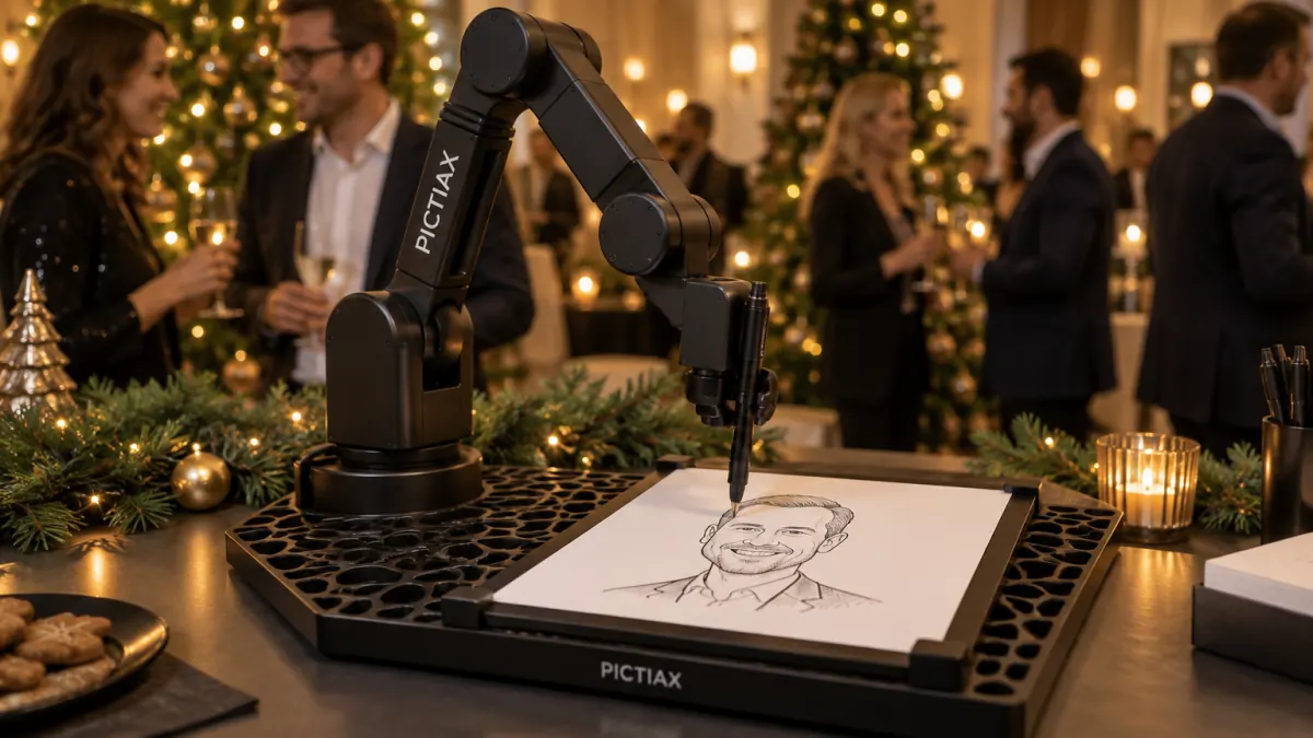 Der PictiaX® KI-Zeichenroboter zeichnet auf einer festlichen Weihnachtsfeier
