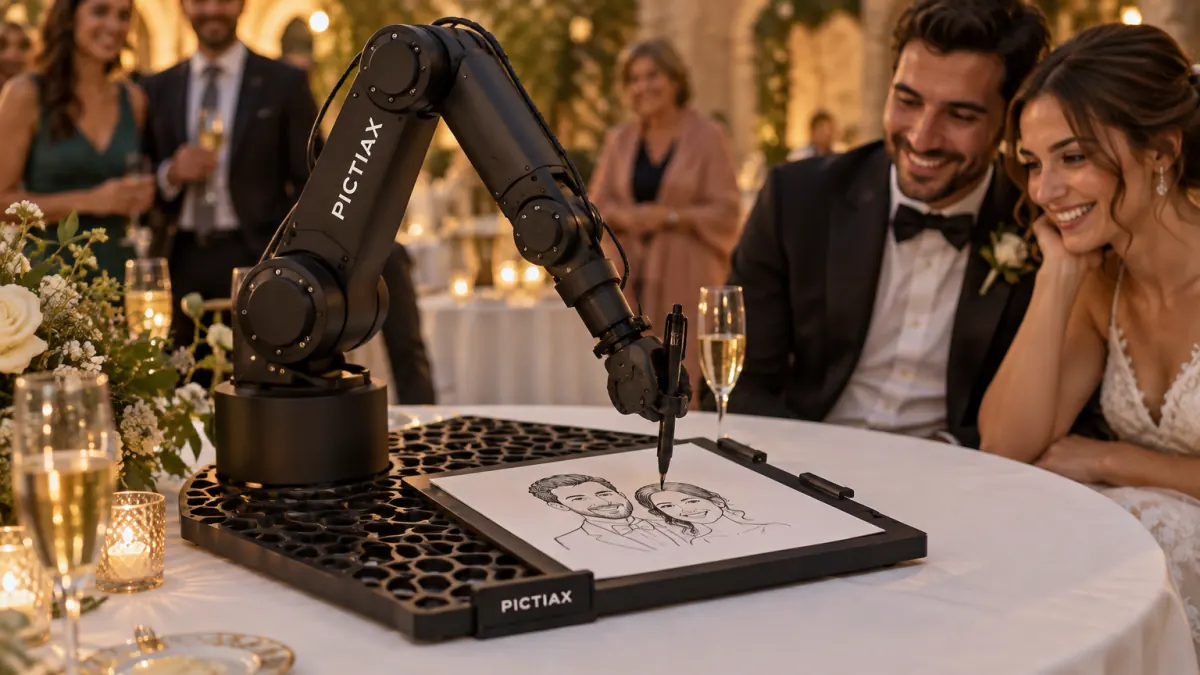 El robot de caricaturas PictiaX® dibujando en una boda, con los invitados al fondo