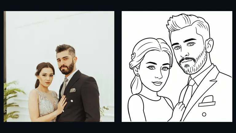 Foto de una pareja de boda junto a la caricatura que dibujó PictiaX®