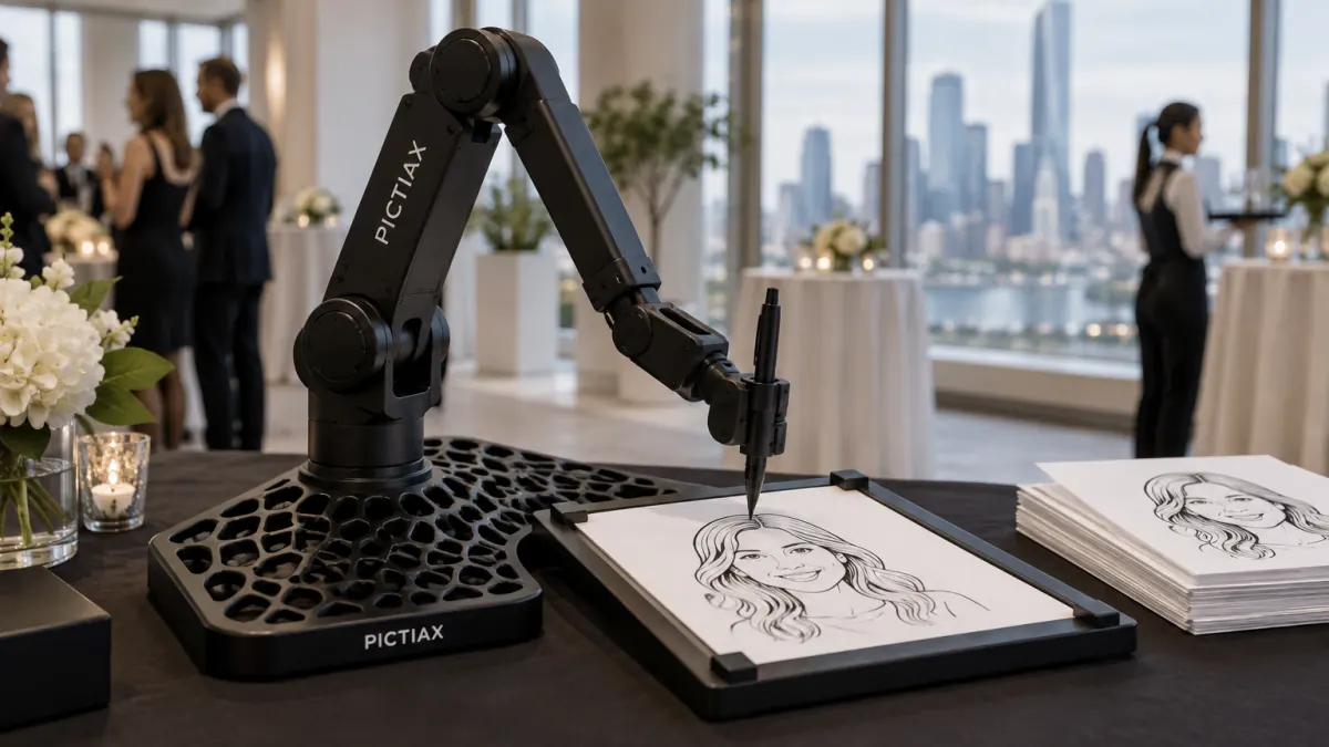 The PictiaX® caricature robot with a stack of finished portraits at an event venue