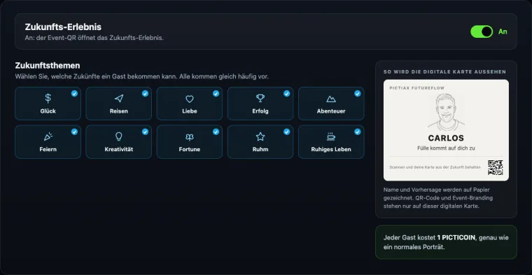 Das PictiaX® Portal mit den zehn Zukunftsthemen zur Auswahl und der Vorschau auf die digitale Karte, die der Gast bekommt