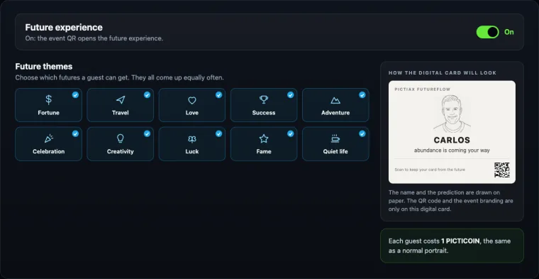 The PictiaX® panel with the ten future themes to choose from and a preview of the digital card the guest receives