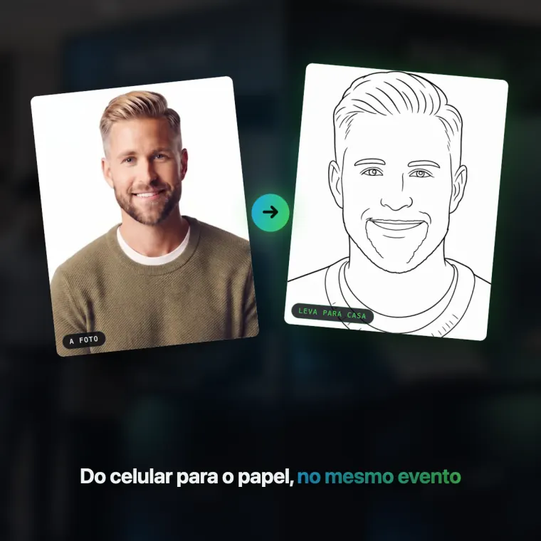 A foto de um convidado ao lado da caricatura que o robô desenhou, em um evento