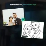 Das Foto eines Paares neben der Karikatur der beiden, im Querformat gezeichnet