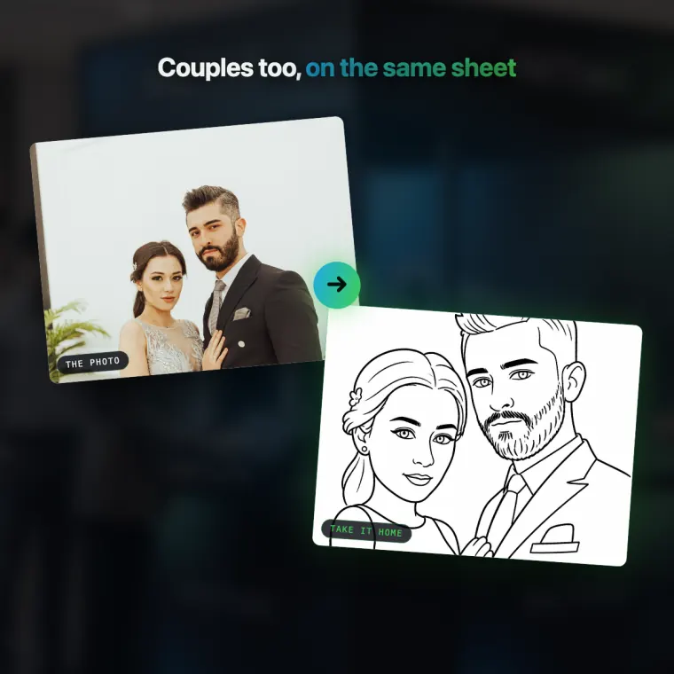 A couple's photo next to the caricature of the two of them drawn by the robot, in landscape format