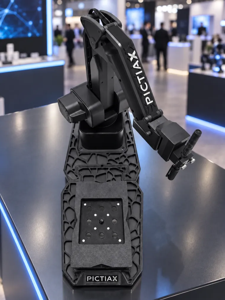 Der PictiaX® Roboterarm auf seiner Halterung, im Hintergrund eine Messe