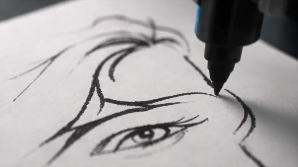 Primer plano de la pluma del brazo robótico de PictiaX® trazando una caricatura sobre papel blanco