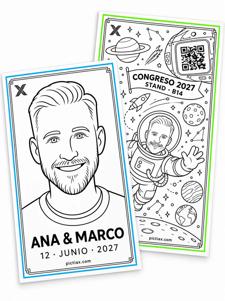 Two personalised PictiaX® sheets: one with the logo in blue and a wedding name, another with the logo in green and a conference name. Both carry a QR code and the portrait drawn inside the frame