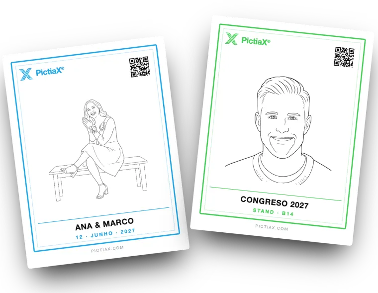 Duas folhas PictiaX® personalizadas: uma com o logotipo em azul e o nome de um casamento, outra com o logotipo em verde e o nome de um congresso. Ambas trazem um QR code e o retrato desenhado dentro da moldura