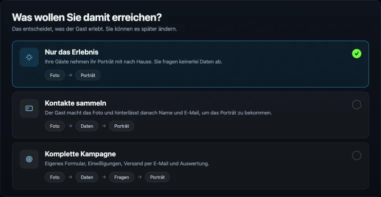 Der Bildschirm im PictiaX® Portal, auf dem gewählt wird, was das Event bringen soll: nur das Erlebnis, Kontakte sammeln oder die komplette Kampagne