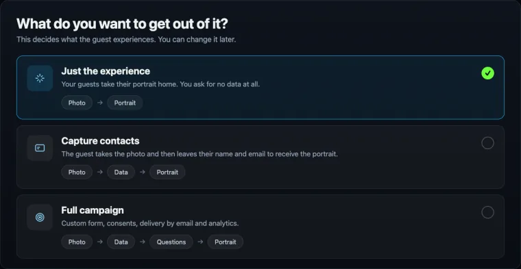 The PictiaX® portal screen where you choose what the event is for: just the experience, capture contacts or a full campaign