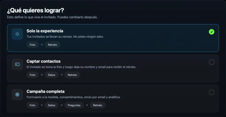La pantalla del portal de PictiaX® donde se elige qué quiere lograr el evento: solo la experiencia, captar contactos o campaña completa