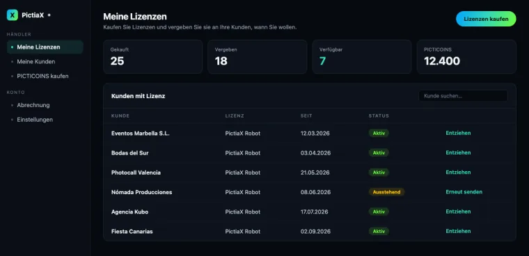 Das PictiaX® Händlerportal mit gekauften und vergebenen Lizenzen und der Kundenliste
