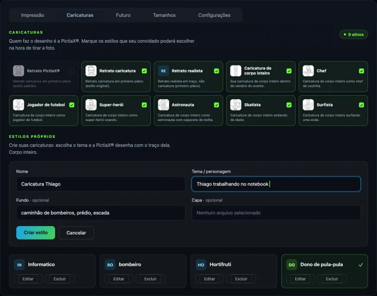 O portal da PictiaX® criando um estilo próprio, com os campos de nome, tema e fundo