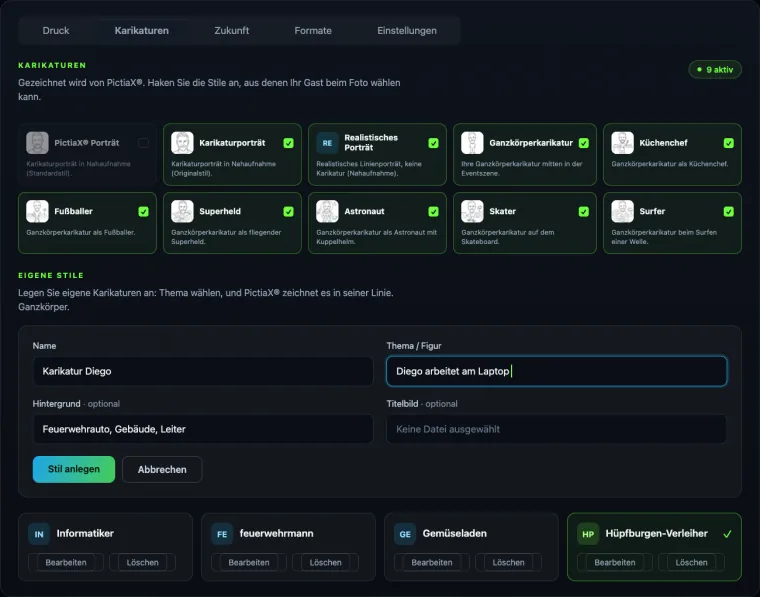 Das PictiaX® Portal beim Anlegen eines eigenen Stils, mit den Feldern für Name, Thema und Hintergrund