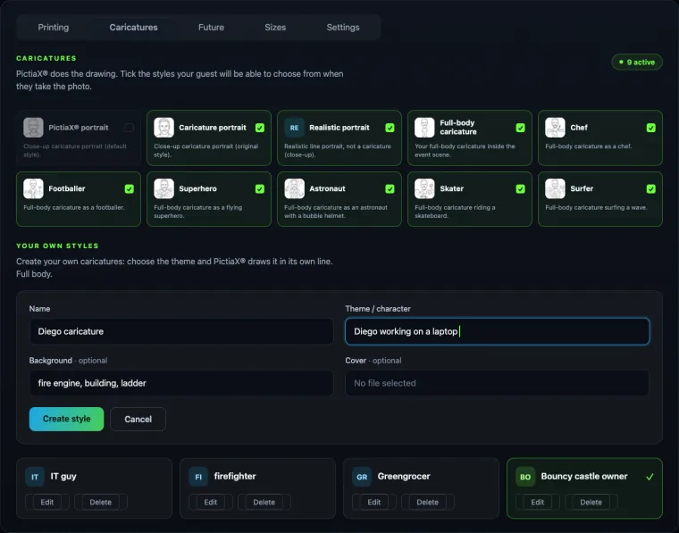 The PictiaX® panel creating a custom style, with the name, theme and background fields