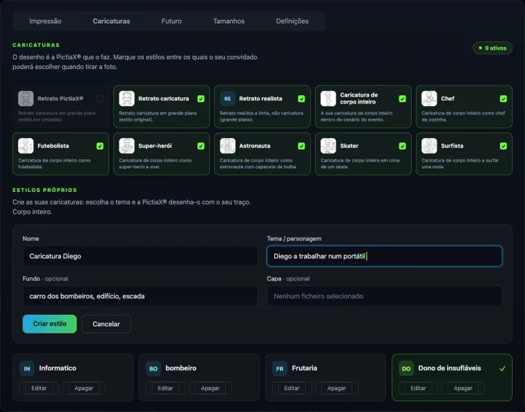 O portal da PictiaX® a criar um estilo próprio, com os campos de nome, tema e fundo