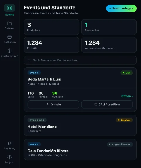 Das PictiaX® Portal auf dem Handy, mit einem laufenden Event und seinen Porträts