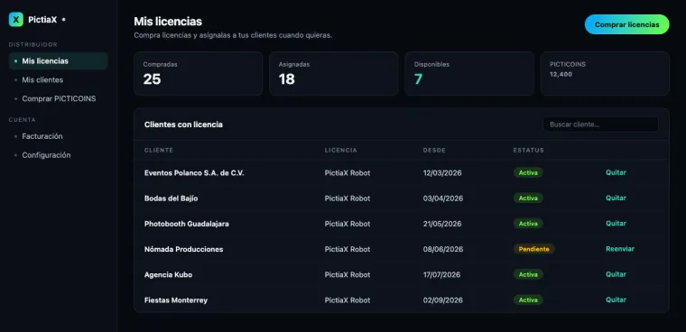 El panel de distribuidor de PictiaX®, con las licencias compradas, las asignadas y la lista de clientes