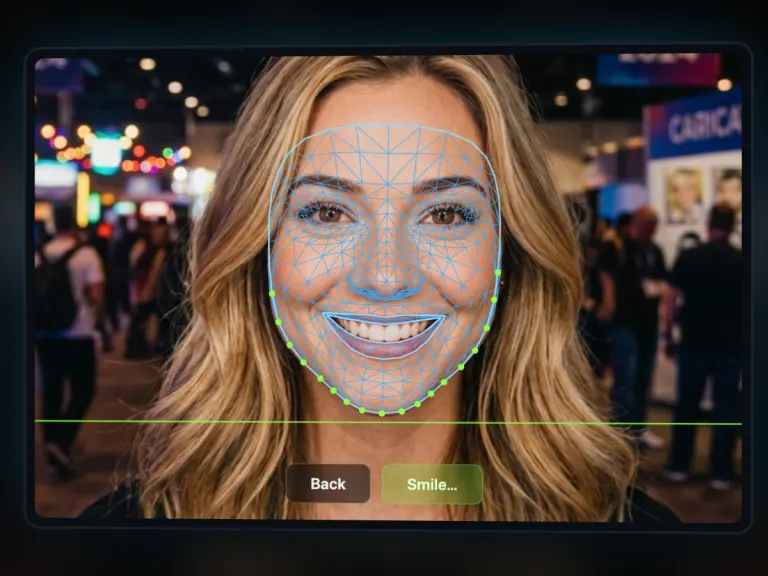 A guest at a trade show, with the face tracking mesh over her face just before the photo is taken