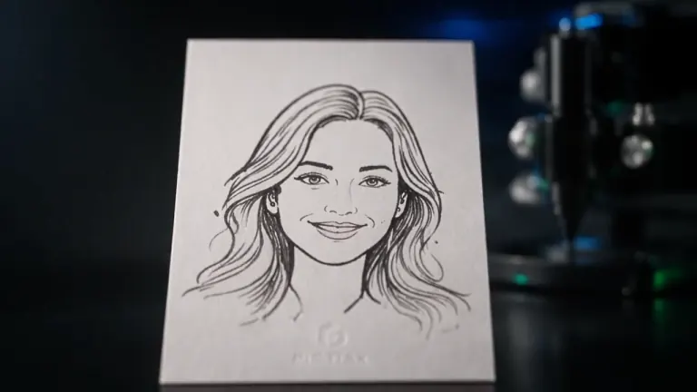 El retrato terminado de la invitada, de pie sobre la mesa y con el brazo robótico detrás