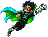 Super Pixo, la mascota de PictiaX®, volando con capa